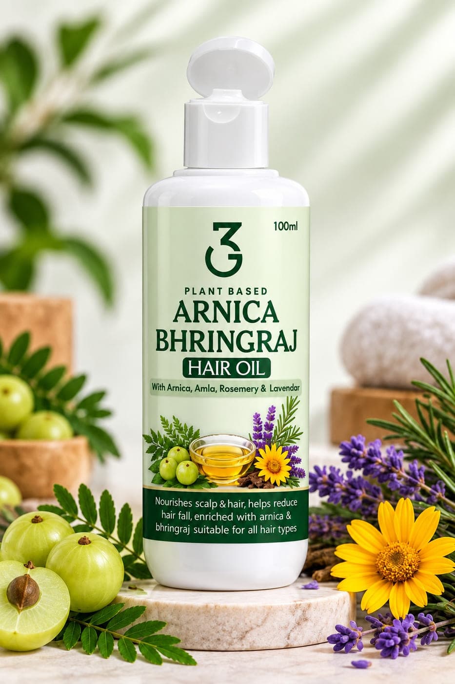 3G Plant Based Arnica Bhringraj Hair Oil photographed with its ingredients