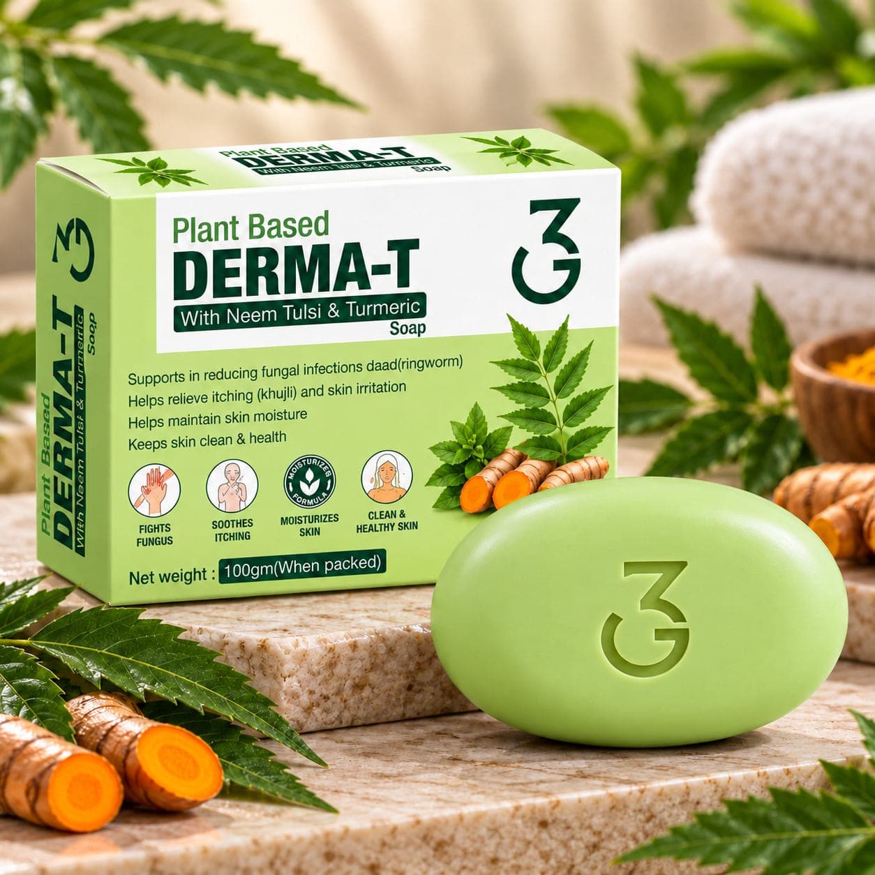 3G Plant Based Derma-T Soap photographed with its ingredients