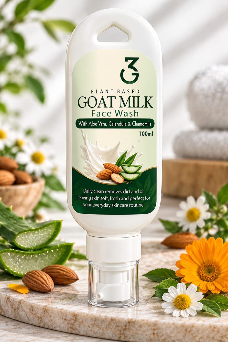 3G Plant Based Goat Milk Face Wash photographed with its ingredients