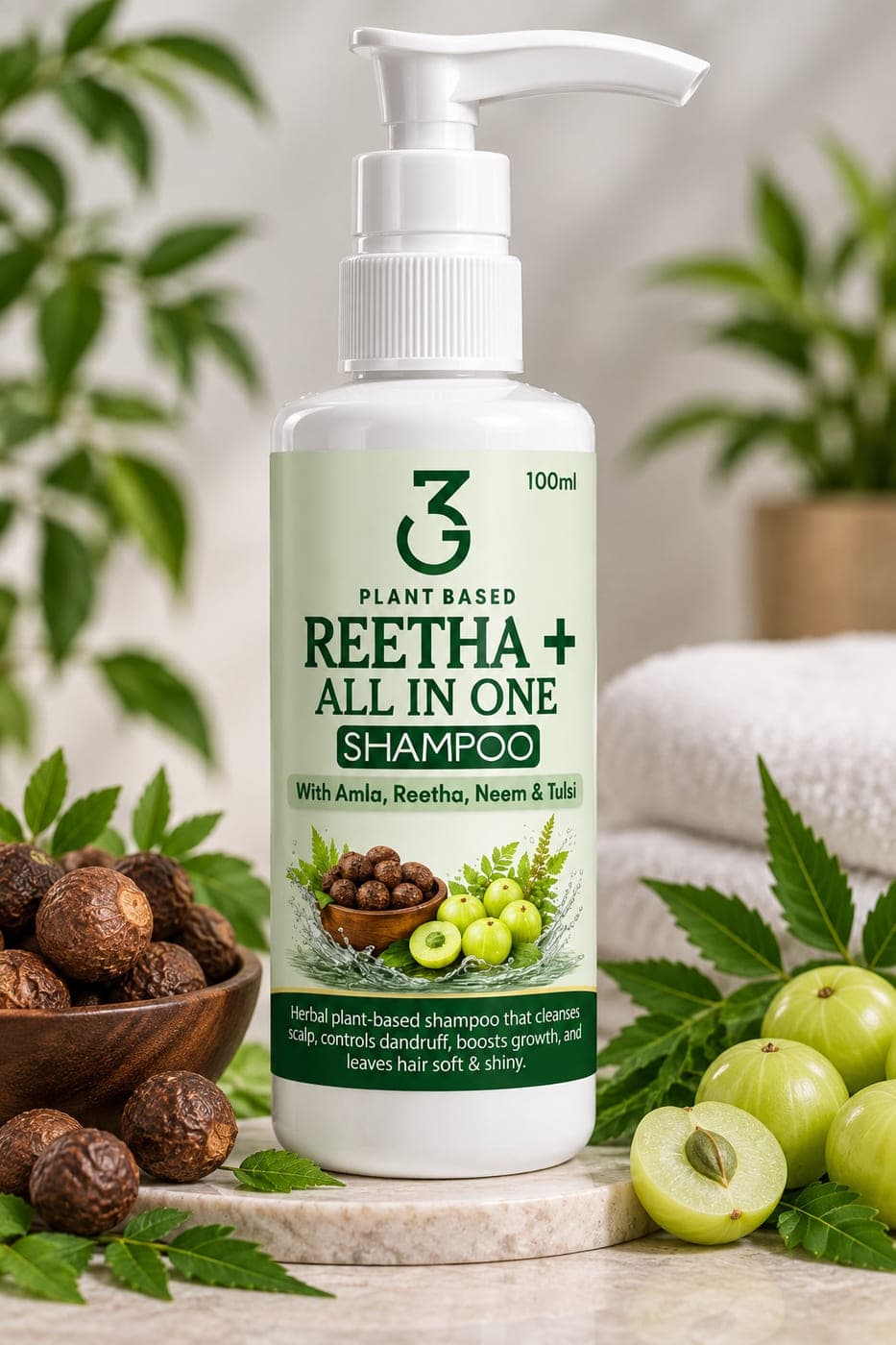 3G Plant Based Reetha + All In One Shampoo photographed with its ingredients