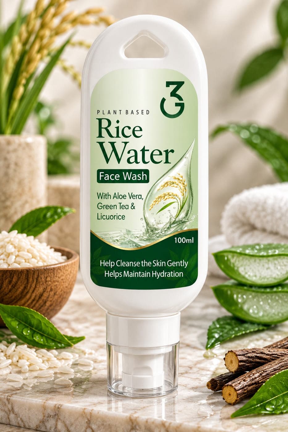 3G Plant Based Rice Water Face Wash photographed with its ingredients
