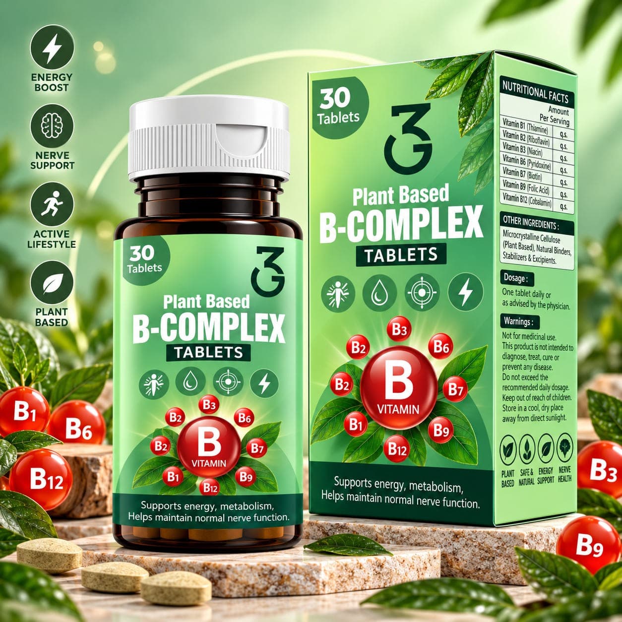 3G Plant Based B-Complex Tablets bottle and carton