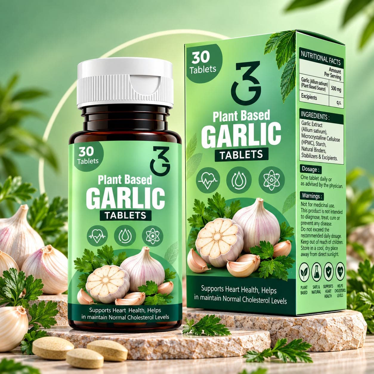 3G Plant Based Garlic Tablets bottle and carton