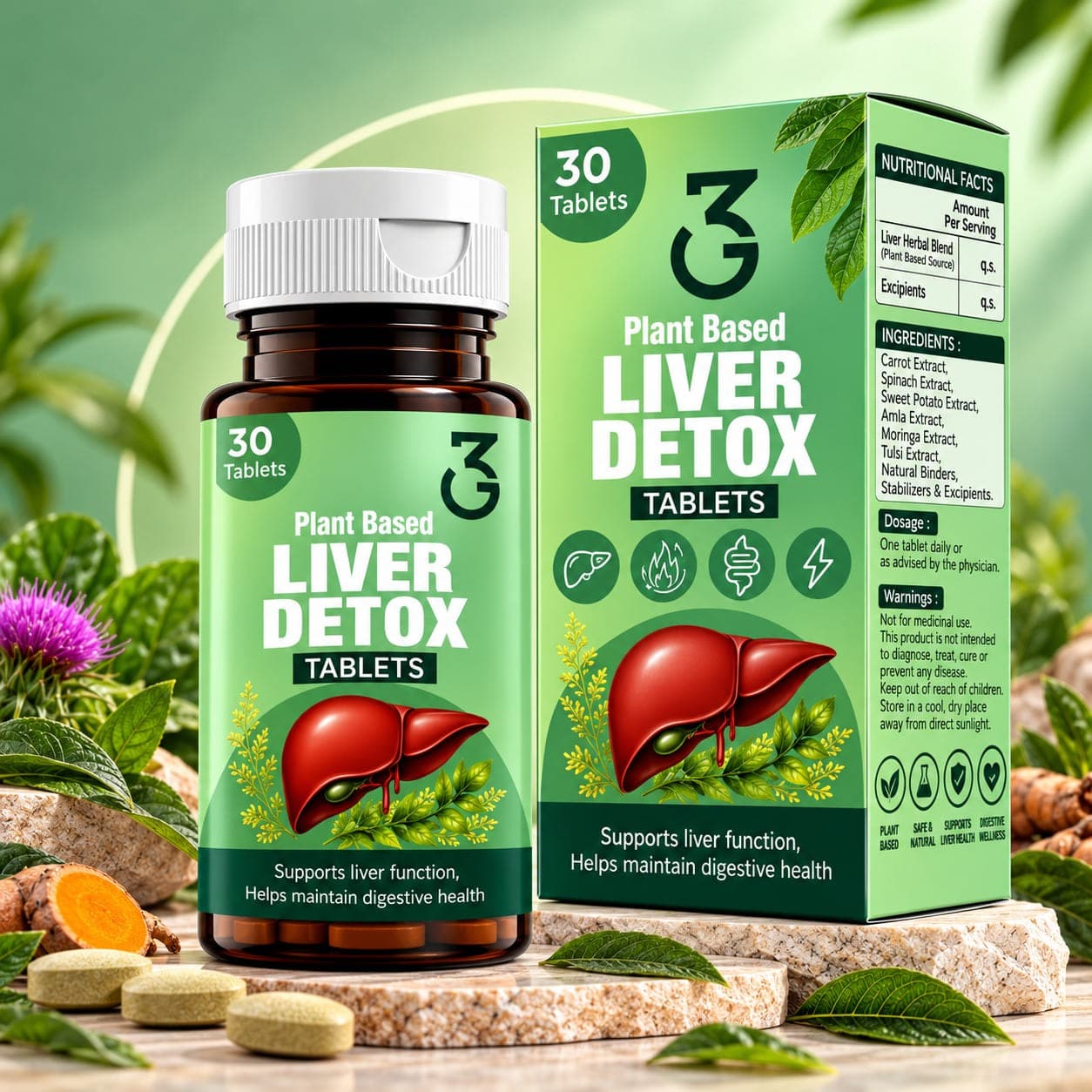 3G Plant Based Liver Detox Tablets bottle and carton