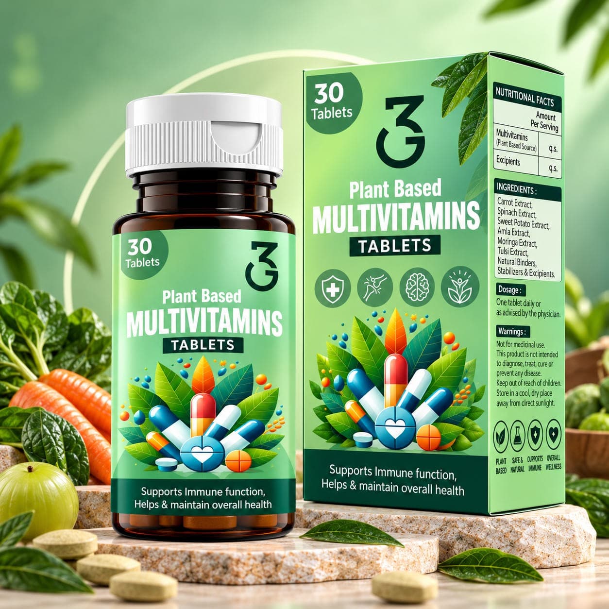 3G Plant Based Multivitamins Tablets bottle and carton