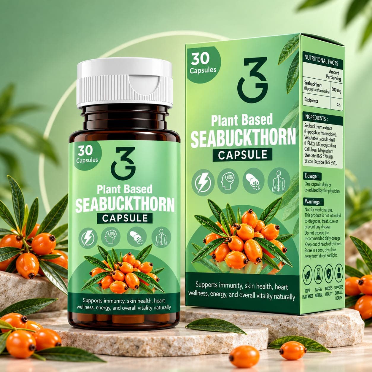3G Plant Based Seabuckthorn Capsule bottle and carton