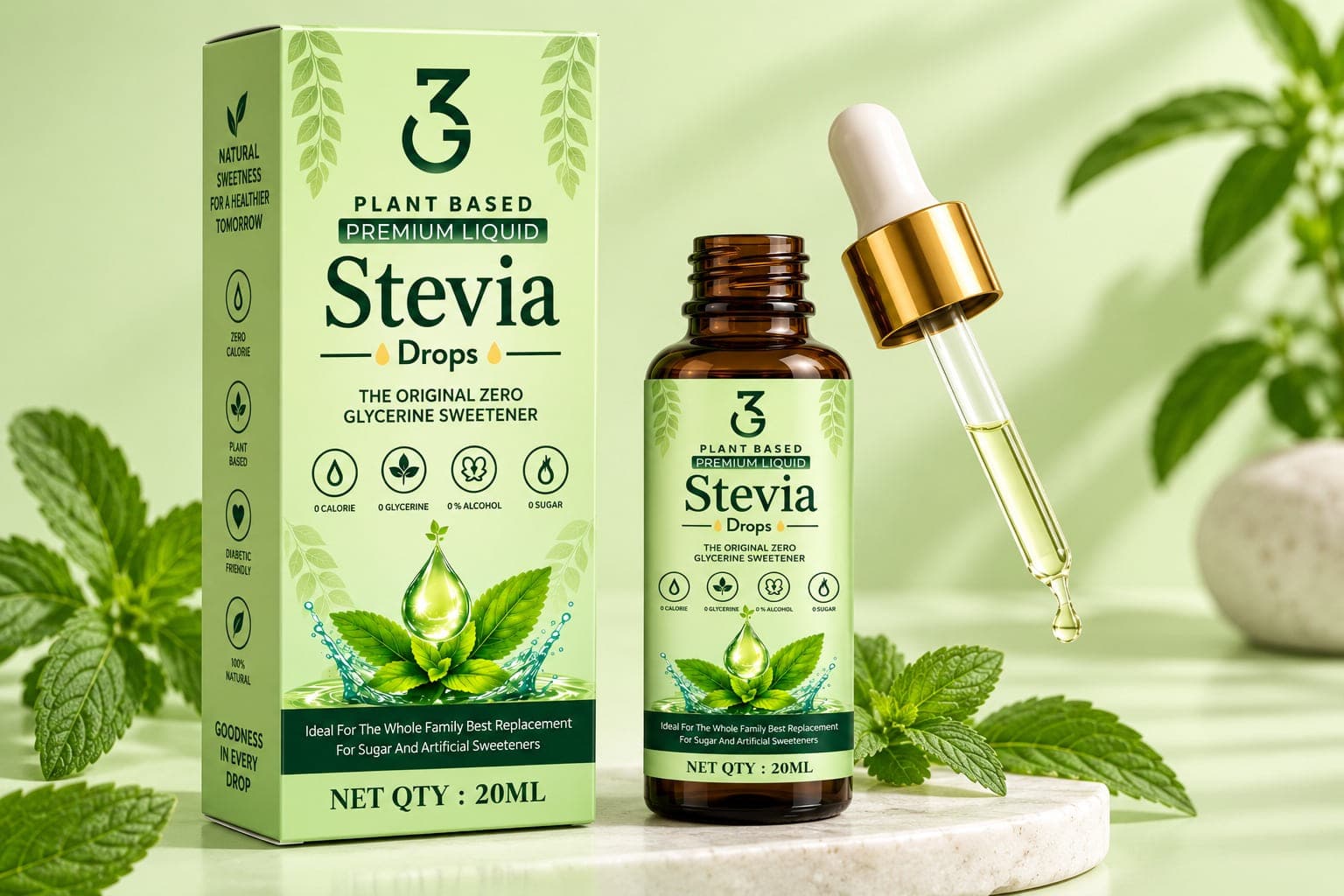 3G Plant Based Premium Liquid Stevia Drops bottle and carton