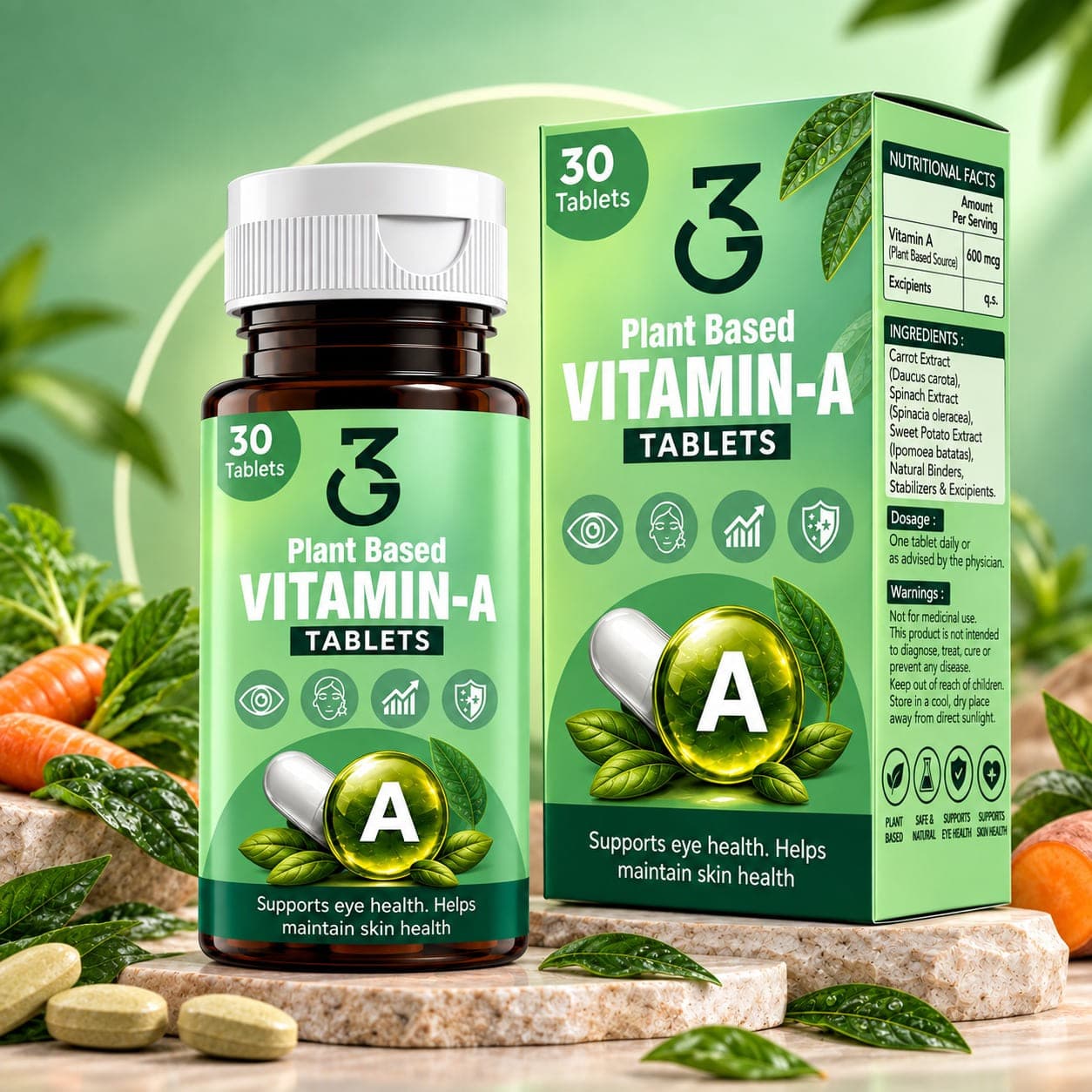 3G Plant Based Vitamin-A Tablets bottle and carton