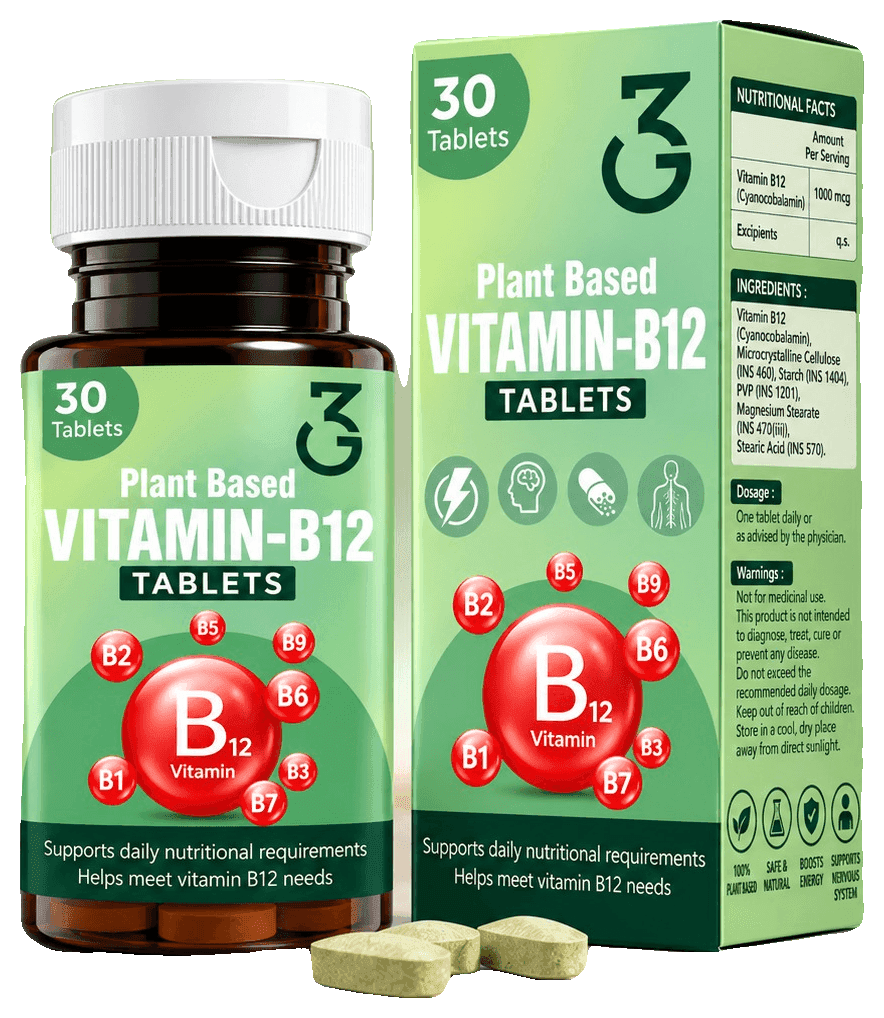 3G Plant Based Vitamin-B12 Tablets bottle and carton